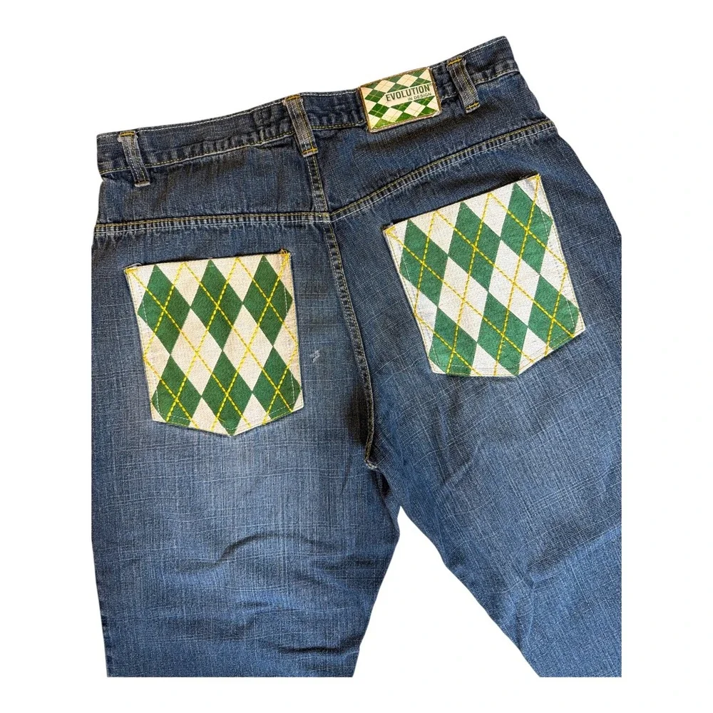 Evolution Design Men Baggy Argyle Pocket Jeans Blue Denim 38x32 Y2K Streetwear